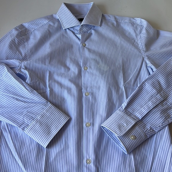 Boss Hugo Boss Dress Shirt Sharp Fit Blue White Stripe 15 32/33 New - Picture 8 of 12